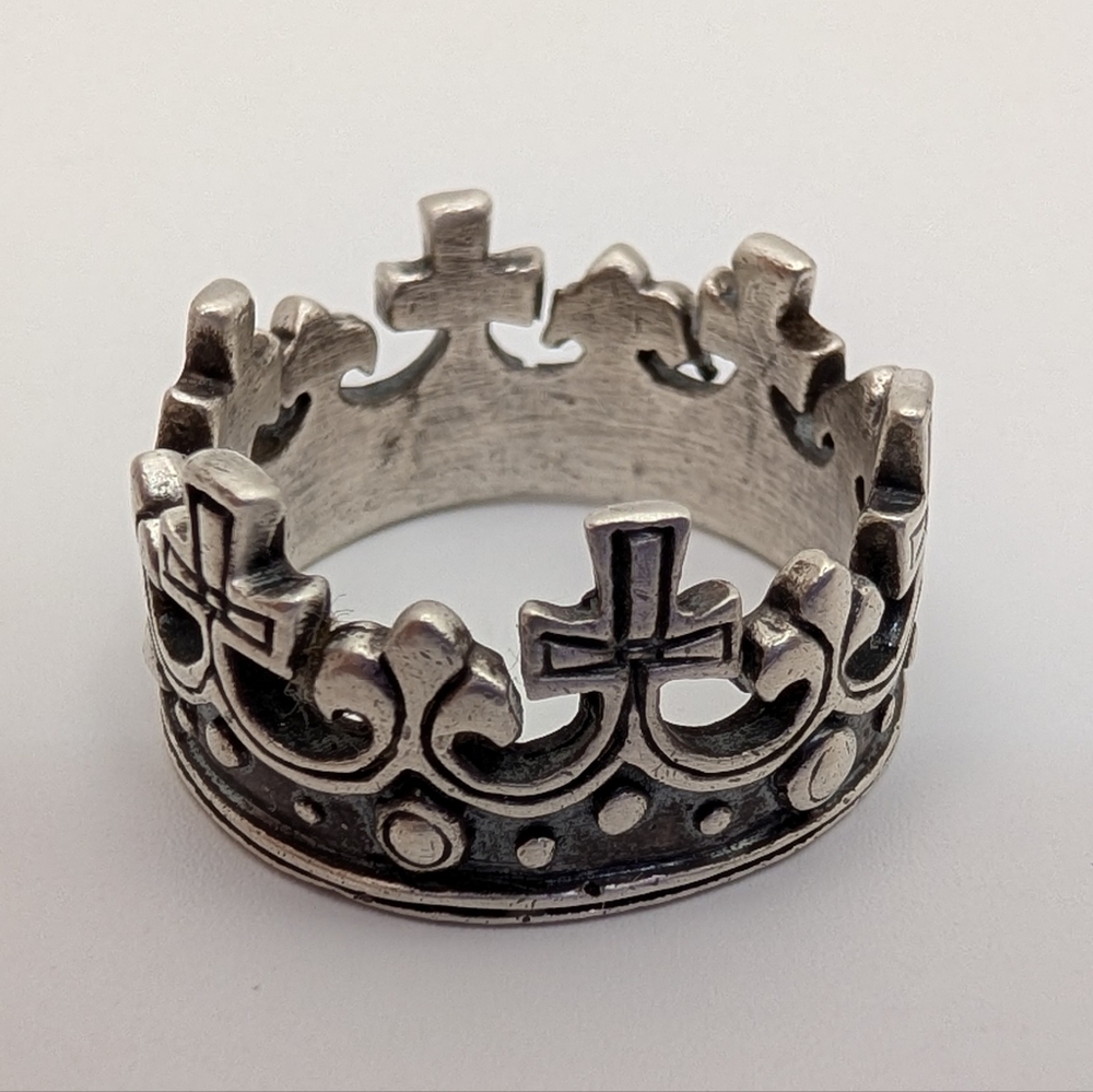 Vintage Renaissance King Crown Sterling Silver Fleur De Lis Ring Size 9 1/4